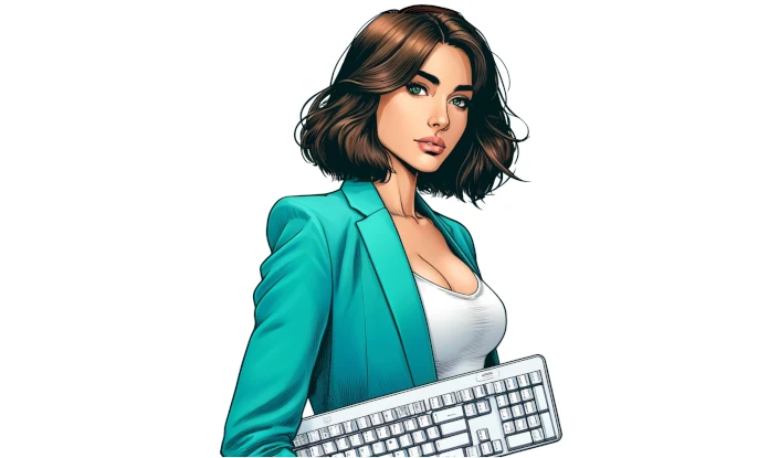 Business Frau (comic) schaut stolz in die Kamera und hält eine Tastatur, Symbolbild für Firmenlösungen